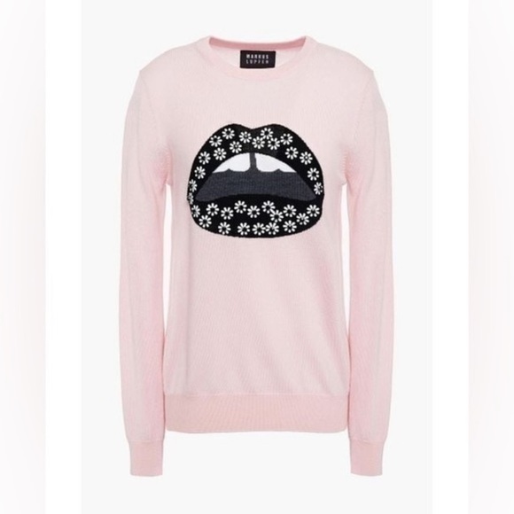 Markus Lupfer Sweaters - Markus Lupfer Pink Wool Graphic Sweater. Size XS. Embellished. Mouth print. Mia.